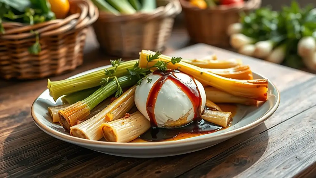 burrata topped braised leeks