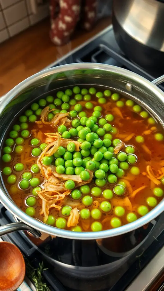 incorporate broth and peas